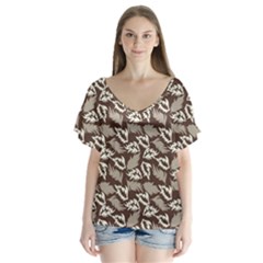 Dried Leaves Grey White Camuflage Summer V-neck Flutter Sleeve Top by Mariart