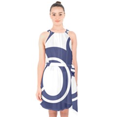 Garamond Blue White Wave Chevron Halter Collar Waist Tie Chiffon Dress