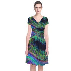 Aurora Wave Colorful Space Line Light Neon Visual Cortex Plate Short Sleeve Front Wrap Dress by Mariart