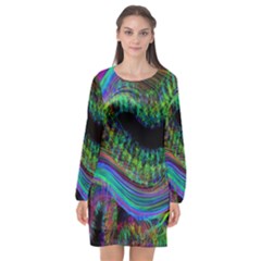 Aurora Wave Colorful Space Line Light Neon Visual Cortex Plate Long Sleeve Chiffon Shift Dress 