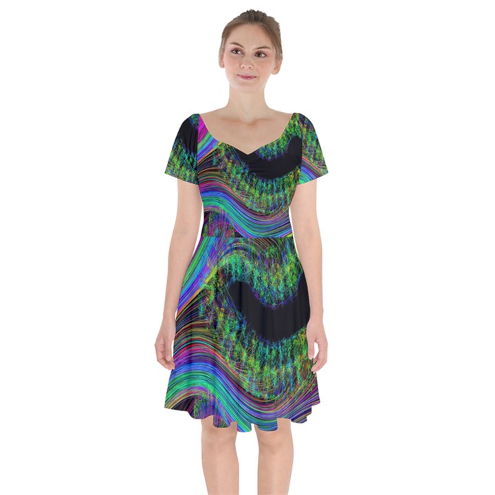 Aurora Wave Colorful Space Line Light Neon Visual Cortex Plate Short Sleeve Bardot Dress