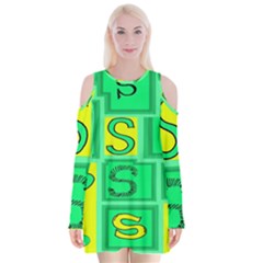 Letter Huruf S Sign Green Yellow Velvet Long Sleeve Shoulder Cutout Dress