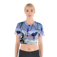 Wonderful Blue  Parrot Looking To The Ocean Cotton Crop Top by FantasyWorld7