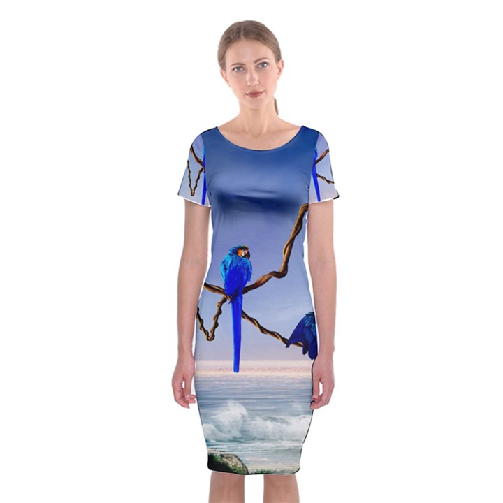 Wonderful Blue  Parrot Looking To The Ocean Classic Short Sleeve Midi Dress