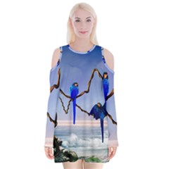 Wonderful Blue  Parrot Looking To The Ocean Velvet Long Sleeve Shoulder Cutout Dress