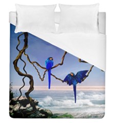 Wonderful Blue  Parrot Looking To The Ocean Duvet Cover (queen Size) by FantasyWorld7