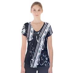 Line Light Leaf Flower Floral Black White Beauty Polka Short Sleeve Front Detail Top