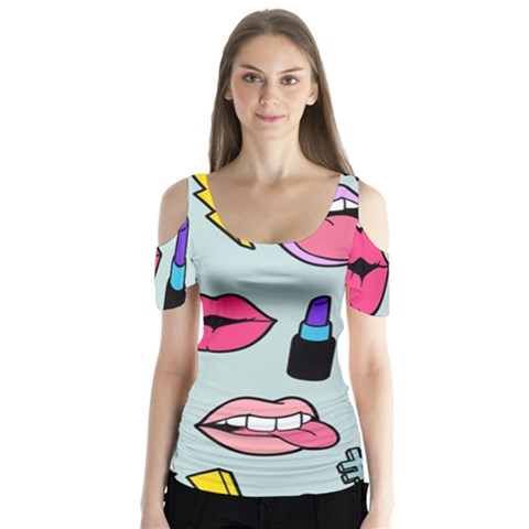 Lipstick Lips Heart Valentine Star Lightning Beauty Sexy Butterfly Sleeve Cutout Tee  by Mariart