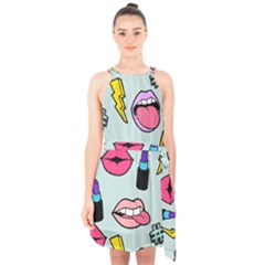 Lipstick Lips Heart Valentine Star Lightning Beauty Sexy Halter Collar Waist Tie Chiffon Dress by Mariart