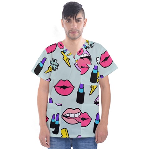 Lipstick Lips Heart Valentine Star Lightning Beauty Sexy Men s V-neck Scrub Top by Mariart