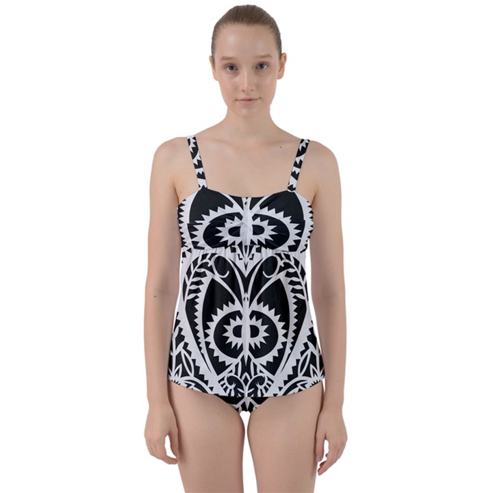 Paper Cut Butterflies Black White Twist Front Tankini Set