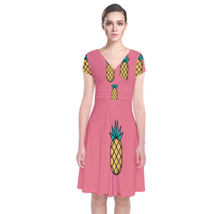 Pineapple Fruite Minimal Wallpaper Short Sleeve Front Wrap Dress