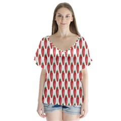 Strawberry Pattern V-neck Flutter Sleeve Top by ShiroSan