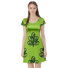 Seamless Background Green Leaves Black Outline Short Sleeve Skater Dress by Mariart