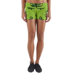 Seamless Background Green Leaves Black Outline Yoga Shorts by Mariart