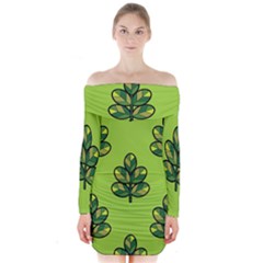 Seamless Background Green Leaves Black Outline Long Sleeve Off Shoulder Dress by Mariart