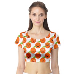 Seamless Background Orange Emotions Illustration Face Smile  Mask Fruits Short Sleeve Crop Top (tight Fit)