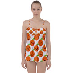 Seamless Background Orange Emotions Illustration Face Smile  Mask Fruits Babydoll Tankini Set by Mariart