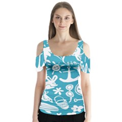 Summer Icons Toss Pattern Butterfly Sleeve Cutout Tee 