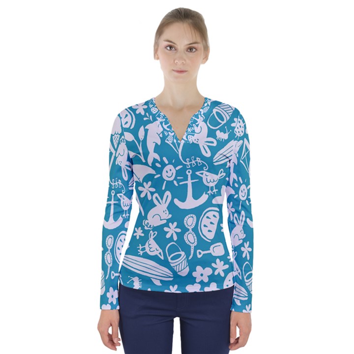 Summer Icons Toss Pattern V-Neck Long Sleeve Top