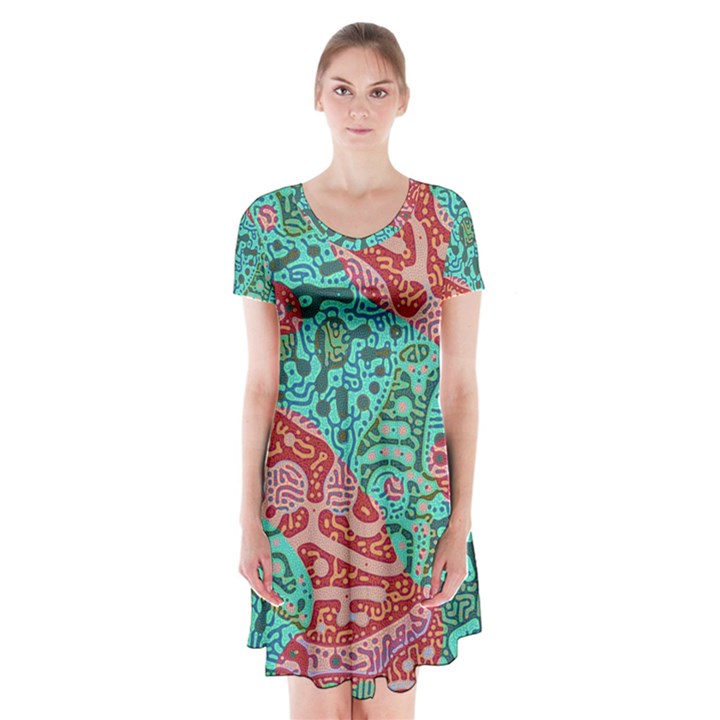 Recursive Coupled Turing Pattern Red Blue Short Sleeve V-neck Flare Dress