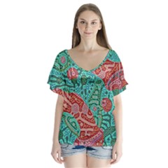 Recursive Coupled Turing Pattern Red Blue V-neck Flutter Sleeve Top by Mariart