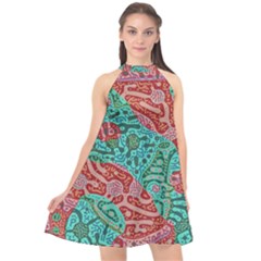 Recursive Coupled Turing Pattern Red Blue Halter Neckline Chiffon Dress 