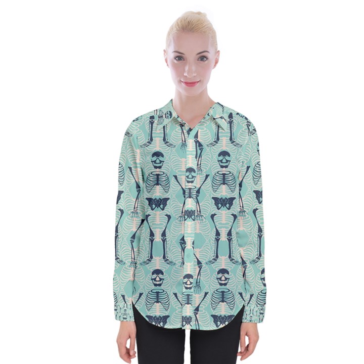 Skull Skeleton Repeat Pattern Subtle Rib Cages Bone Monster Halloween Womens Long Sleeve Shirt