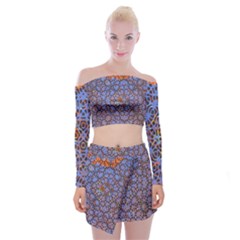 Silk Screen Sound Frequencies Net Blue Off Shoulder Top with Skirt Set