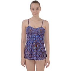 Silk Screen Sound Frequencies Net Blue Babydoll Tankini Set