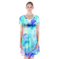 Transparent Colorful Rainbow Blue Paint Sky Short Sleeve V-neck Flare Dress by Mariart