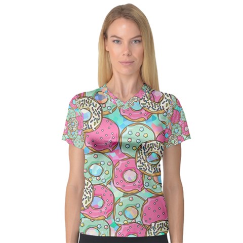 Donuts Pattern V-neck Sport Mesh Tee by ValentinaDesign