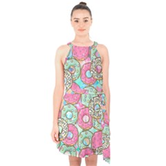 Donuts pattern Halter Collar Waist Tie Chiffon Dress