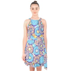 Donuts Pattern Halter Collar Waist Tie Chiffon Dress