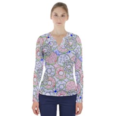 Donuts Pattern V-neck Long Sleeve Top by ValentinaDesign