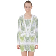 Weeds Grass Green Yellow Leaf V-neck Bodycon Long Sleeve Dress