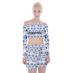 Rabbits Deer Birds Fish Flowers Floral Star Blue White Sexy Animals Off Shoulder Top With Skirt Set by Mariart