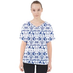 Rabbits Deer Birds Fish Flowers Floral Star Blue White Sexy Animals V-neck Dolman Drape Top by Mariart