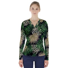 Tropical Pattern V-neck Long Sleeve Top