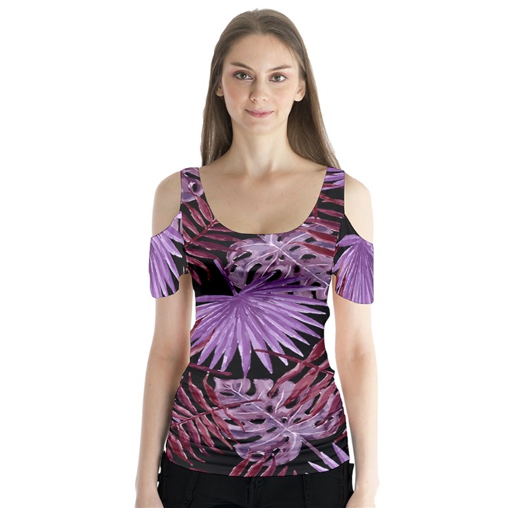 Tropical pattern Butterfly Sleeve Cutout Tee 