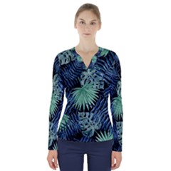 Tropical Pattern V-neck Long Sleeve Top