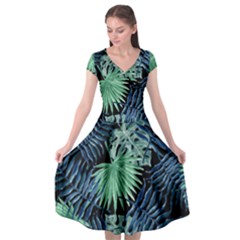 Tropical Pattern Cap Sleeve Wrap Front Dress