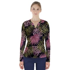 Tropical Pattern V-neck Long Sleeve Top