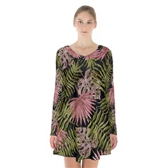 Tropical Pattern Long Sleeve Velvet V-neck Dress by ValentinaDesign