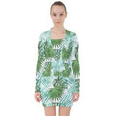 Tropical Pattern V-neck Bodycon Long Sleeve Dress