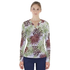 Tropical Pattern V-neck Long Sleeve Top