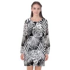 Tropical Pattern Long Sleeve Chiffon Shift Dress 