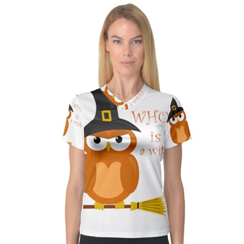 Halloween Orange Witch Owl V-neck Sport Mesh Tee by Valentinaart