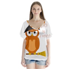 Halloween Orange Witch Owl V-neck Flutter Sleeve Top by Valentinaart