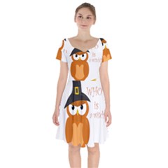 Halloween Orange Witch Owl Short Sleeve Bardot Dress